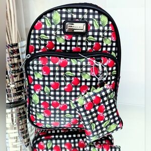 New Madden Girl Black Checker Gingham Cherry Backpack and Pouch